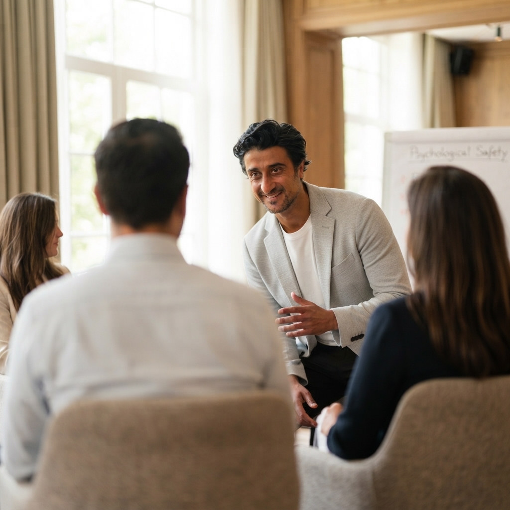 Shakeel Dar from Unite Consulting facilitating a workshop on psychological safety with a small group and a flip chart reading Psychological Safety